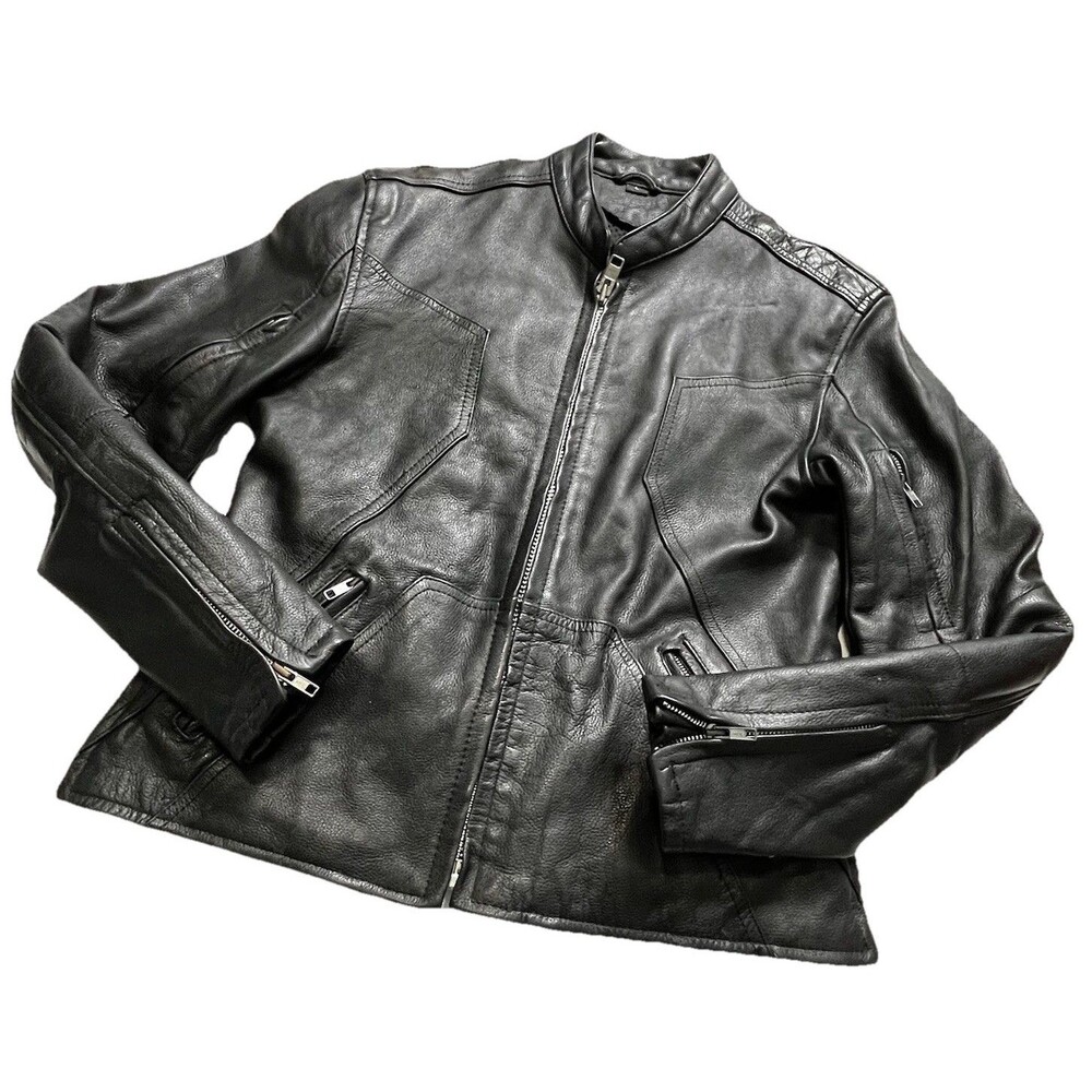 Moto Biker Racer Womens Vintage 90s Black Leather Jacket Size Large W/Gloves